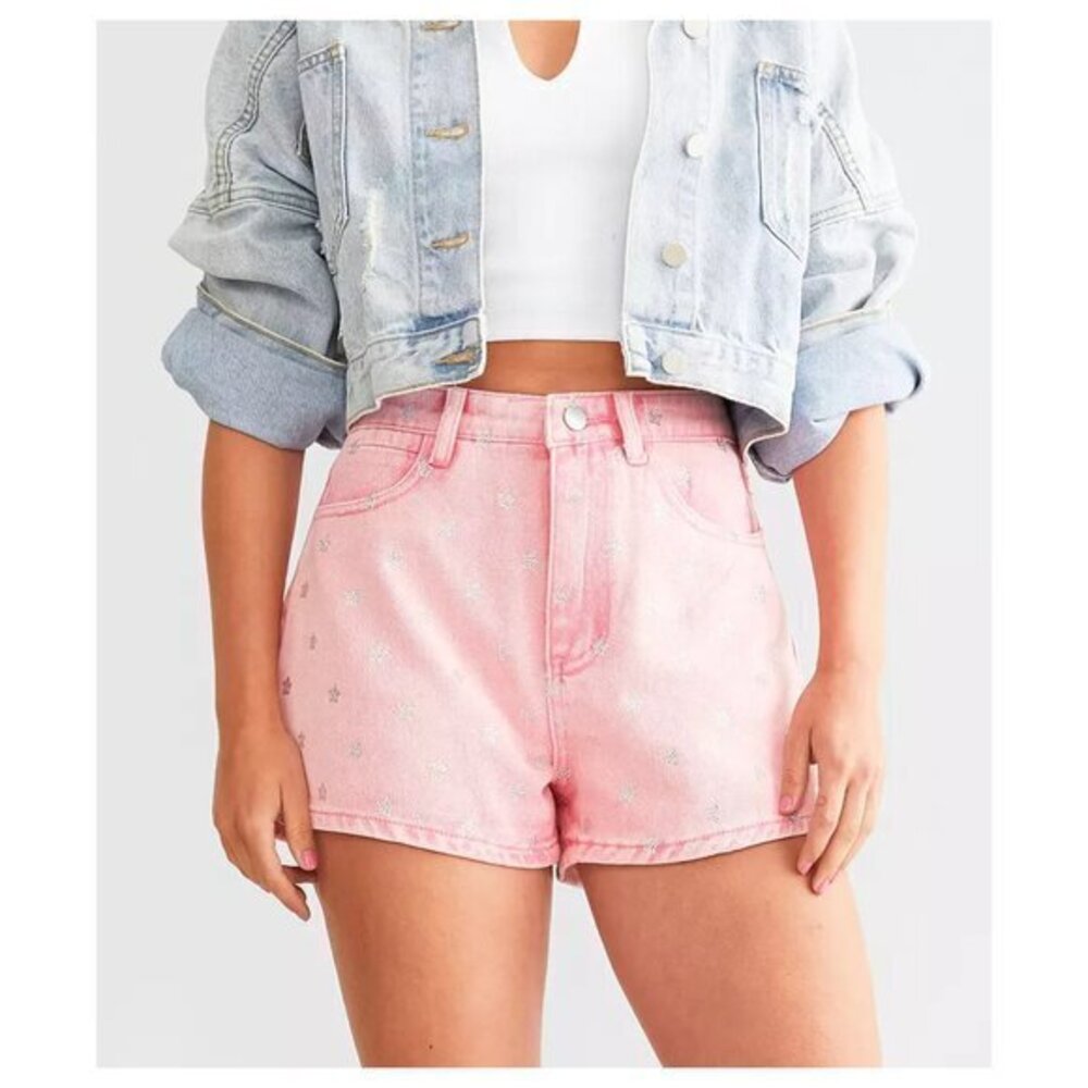 Blue B Pink Denim and Rhinestone Studded High Rise Short